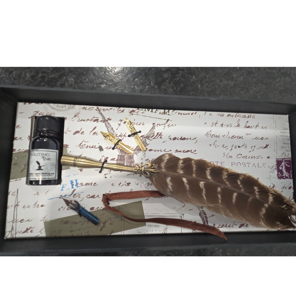 Vintage Feather Quill Pen Ink Set with Brass Accents and Decorative‎ Paper